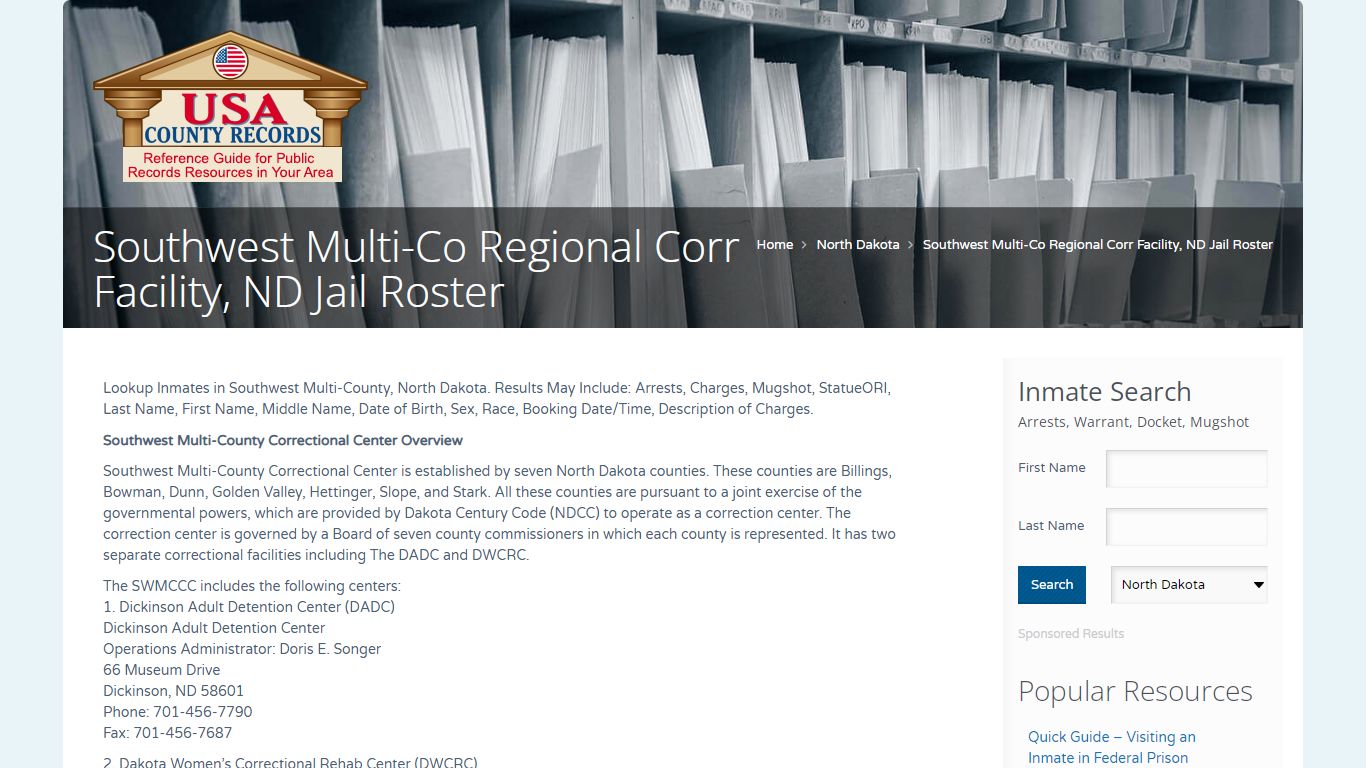 Southwest Multi-Co Regional Corr Facility, ND Jail Roster